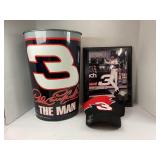 DALE EARNHARDT METAL TRASH CAN, HAT AND PLAQUE