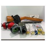 SHOOTING EARMUFFS, NYLON PISTOL HOLDER AND GUN