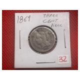 1869 SILVER THREE CENT PIECE