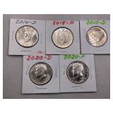 LOT OF 5 KENNEDY HALF DOLLARS