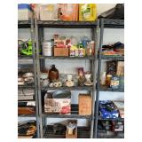 PLASTIC SHELVING UNIT WITH CONTENTS - FAN, GARAGE