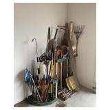 LARGE LOT OF HAND TOOLS WITH STAND - SHOVELS,
