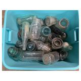 TOTE FULL OF INSULATORS, VINTAGE BOTTLES & MORE