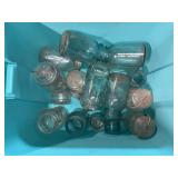 TOTE FULL OF BLUE BALL JARS, VINTAGE BOTTLES AND