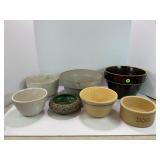 LARGE LOT OF PRIMTIVE STONEWARE CROCK MIXING