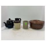 LOT OF 4 PRIMITIVE STONEWARE CROCKS - SALT CROCK,