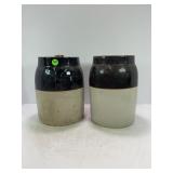 TWO PRIMITIVE STONEWARE 1 GALLON CROCK CANNING