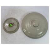 LOT OF 2 PRIMITIVE STONEWARE CROCK LIDS - 9 1/2" &