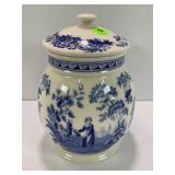 SPODE GIRL AT WELL BLUE WHITE BISCUIT JAR -8' TALL