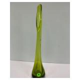VINTAGE GREEN GLASS SWUNG BUD VASE - 13 1/2' TALL