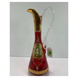BOHEMIAN GLASS HAND PAINTED RUBY RED PITCHER WITH