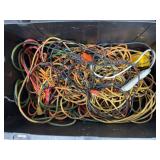 TOTE FULL OF EXTENSION CORDS, SCRAP WIRE, JUMPER