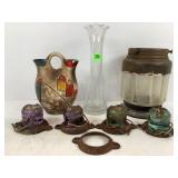 ANTIQUE PURPLE AND GREEN INSULATORS, POTTERY,
