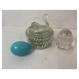 CRYSTAL SWAN JAR WITH MARBLES, CRYSTAL EGG,