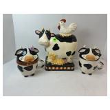 CERAMIC COW COOKIE JAR AND 2 COW SERVING CUPS