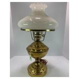BRASS ELECTRIC HURRICANE LAMP W/MILK GLASS SHADE