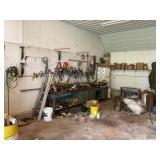 WORK BENCH, METAL DESK AND LARGE LOT OF ASSORTED