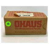 OHAUS BRASS SCALE SET WITH STAND IN ORIGINAL BOX -