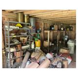 METAL GARAGE SHELVING AND CONTENTS IN BARN UNDER