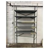 METAL GARAGE SHELVING RACK, LOT OF 3 WOOD RACKS,