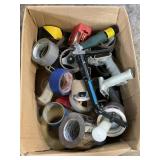 LARGE BOX OF PACKAGING TAPE, HOLDERS, DUCT TAPE &