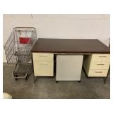 METAL DESK, METAL ROLL AROUND FILE CABINET AND