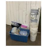 LARGE LOT OF 5 GALLON BUCKETS, TOTES AND MORE