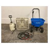 LAWN SEED OR FERTILIZER SPREADER, PUMP AND BOX FAN