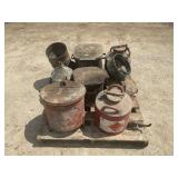 LARGE SKID OF VINTAGE METAL GAS CANS AND MORE