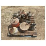 LARGE SKID OF VINTAGE METAL GAS CANS AND MORE