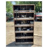 18 BIN METAL STORAGE RACK WITH LARGE SELECTION OF