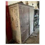 ANTIQUE WOOD STORAGE CABINET WITH CONTENTS - 77" X