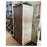 ANTIQUE WOOD STORAGE CABINET WITH CONTENTS - 77" X