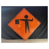 FLAGGER AHEAD METAL ROAD SIGN - 36" X 36"