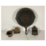 CAST IRON SKILLET, MINIATURE CAST IRON BUCKET,