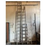 ASSORTED LADDERS - ANTIQUE WOOD AND ALUMINUM EXT.