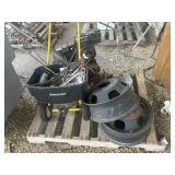 SKID W/ CAR RIMS, TILLER & SPREADER