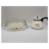 CORNING WARE COFFEE POT, SERVING DISH, MUGS AND