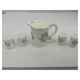 FENTON MINIATURE WHITE IRIDESCENT PITCHER WITH 4