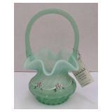 FENTON HAND PAINTED ARTIST SIGNED GREEN BASKET IN