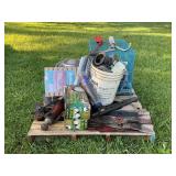SKID OF LAWN MOWER BLADES, HUBCAPS, RUBBER TRAILER