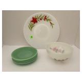 FIRE KING HAND PAINTED BOWL, 6 JADEITE SAUCERS &
