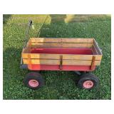CHILD'S STEEL PULL TYPE WAGON WITH WOOD SIDE RAILS
