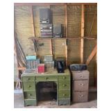 METAL 3 DRAWER CABINET, DESK AND FOUR BOLT BIN