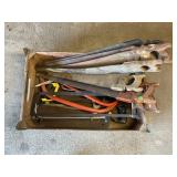 WOODEN STORAGE CRATE WITH ANTIQUE HAND SAWS,