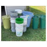 LARGE LOT OF 5 GALLON BUCKETS, TRASH CANS AND MORE