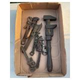 FLAT OF VINTAGE PIPE WRENCHES, SKELETON WRENCH &