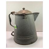 GRANITEWARE MOTTLED GRAY COWBOY COFFEE POT WITH