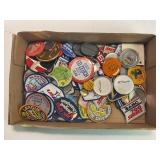 LARGE FLAT OF BOWLING PATCHES AND ASSORTED BUTTONS