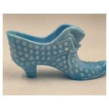 FENTON HOBNAIL BLUE SLAG GLASS SHOE WITH CAT HEAD